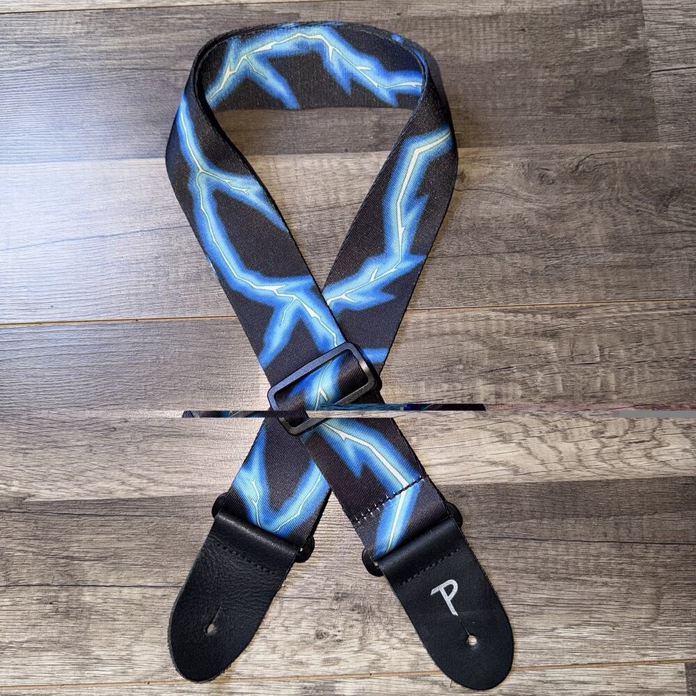 PERRIES BLUE LIGHTNING BOLT GUITAR STRAP WITH SCHALLER STRAP